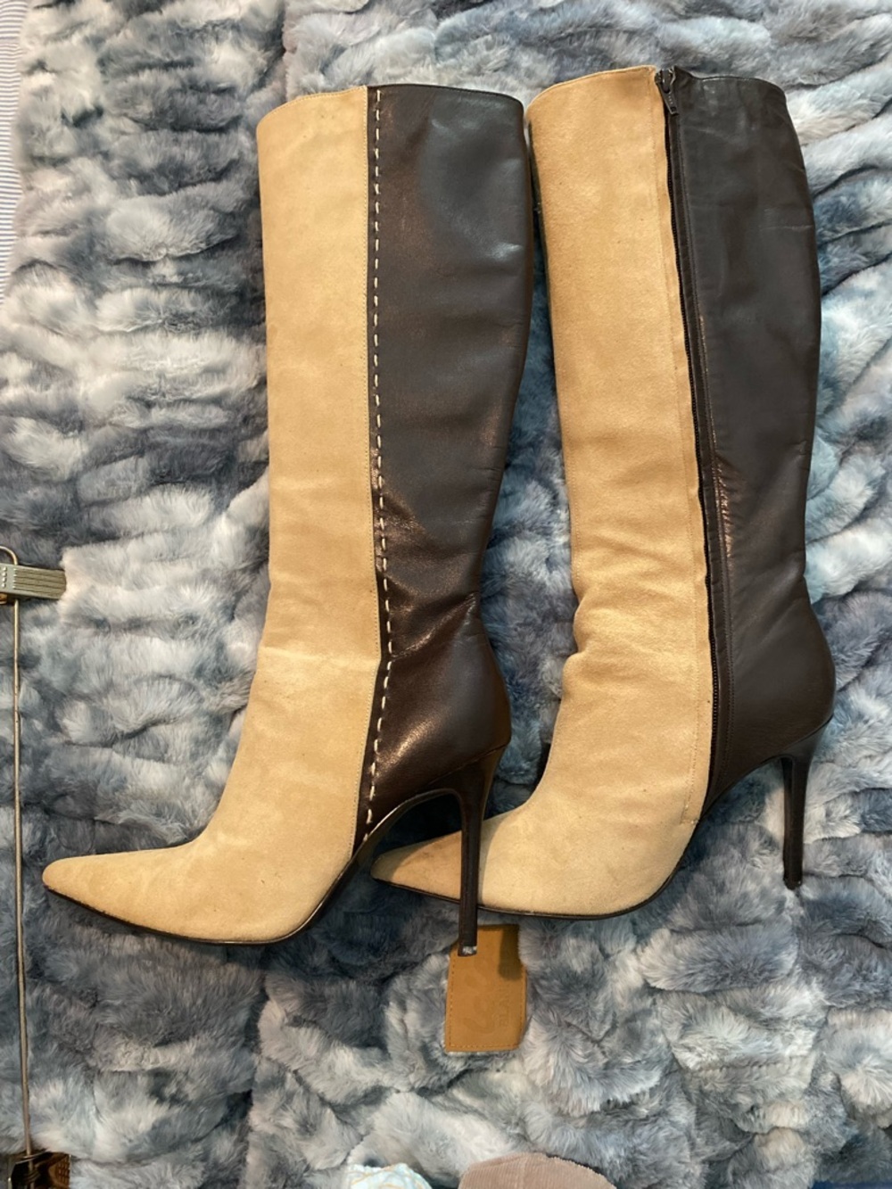 Colin Stuart Two-Tone Beige and Dark Brown Knee-High Stiletto Boots